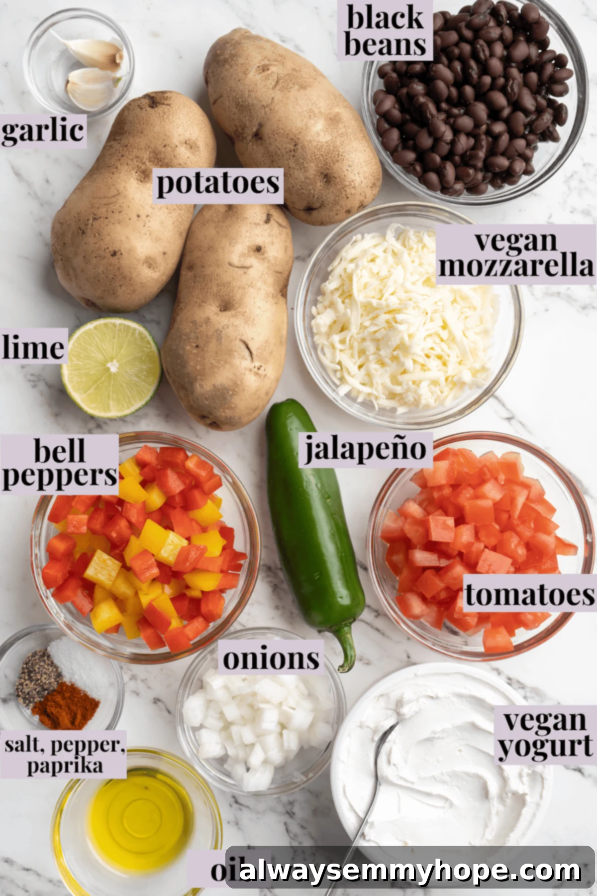 Overhead view of ingredients for loaded potato skins with labels