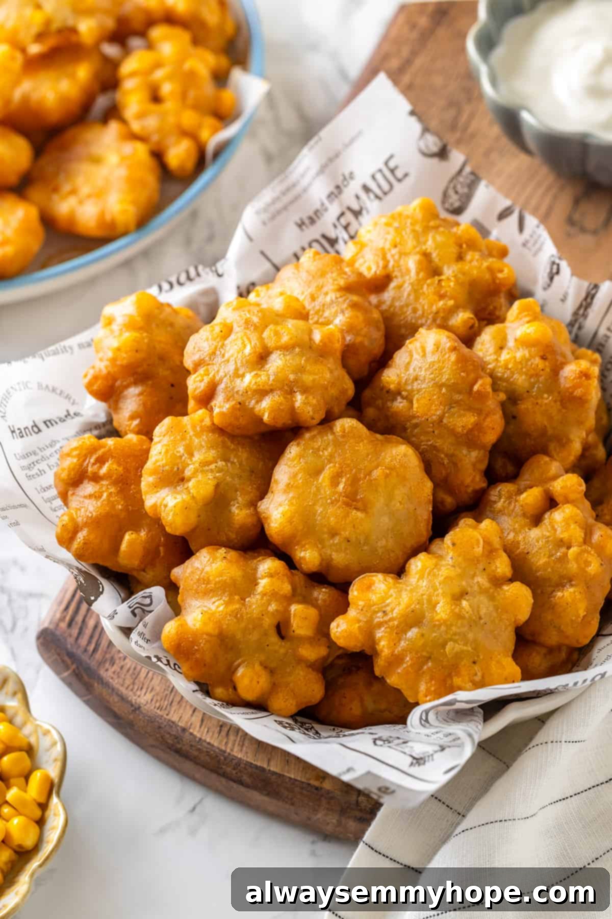 Basket of crispy fried corn nuggets