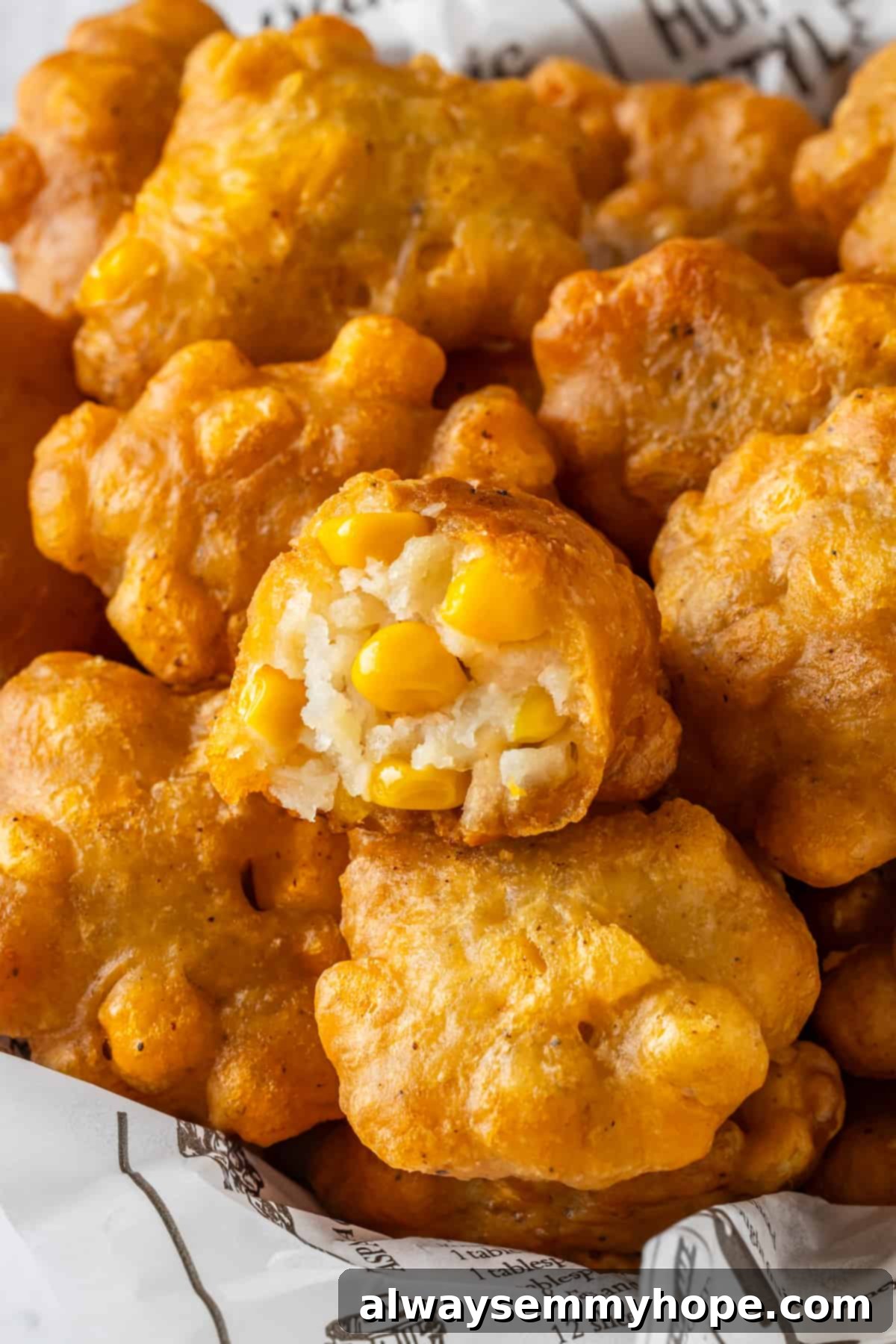 Basket of vegan corn nuggets, with one bitten into