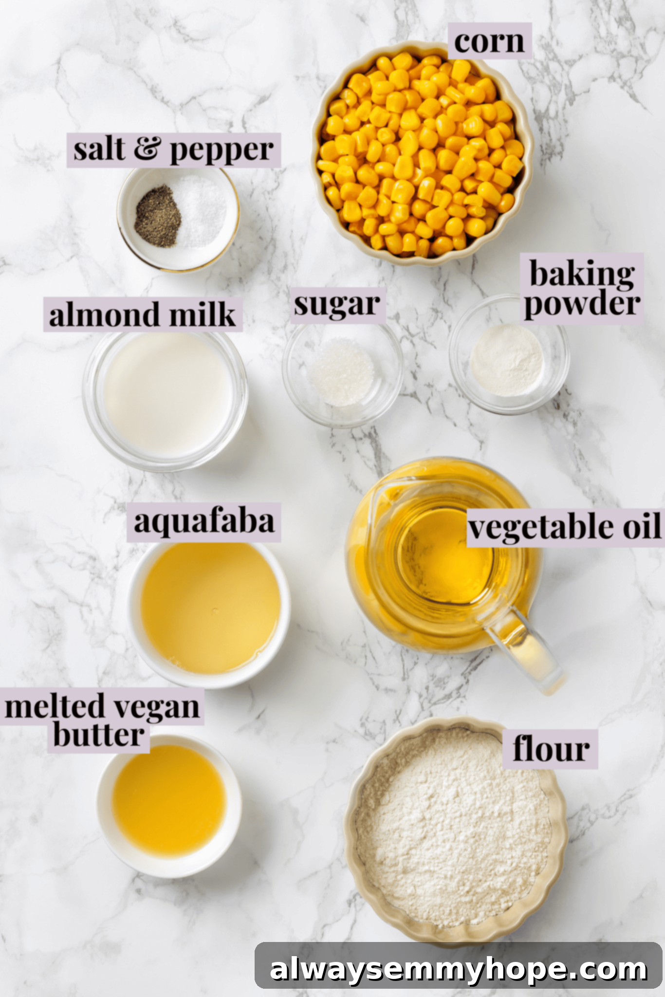 Overhead view of ingredients for corn nuggets with labels