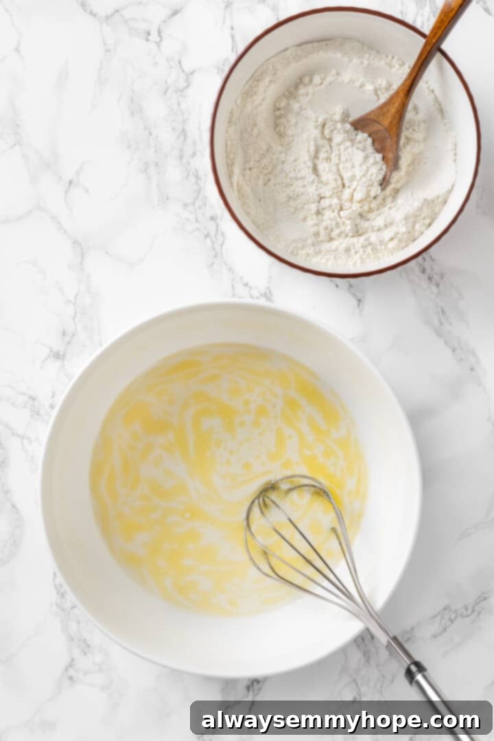 Overhead view of bowls with wet and dry ingredients