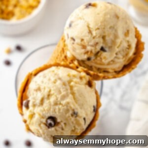 Two waffle cones filled with scoops of vegan peanut butter ice cream