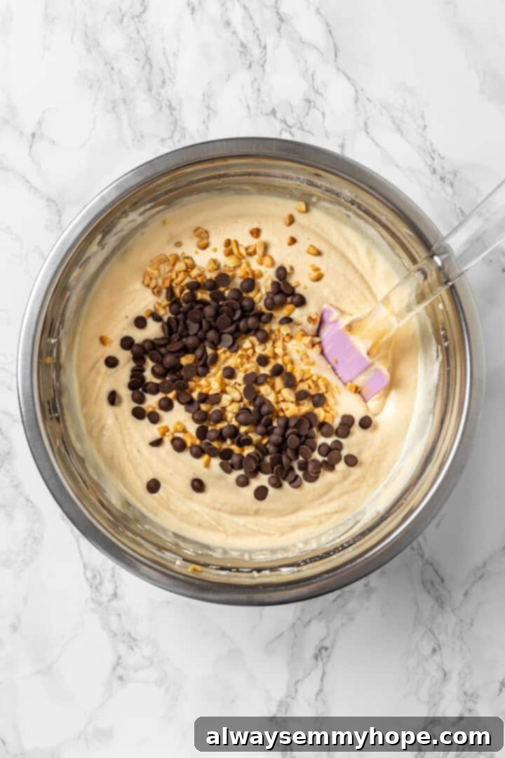 An overhead view of the peanut butter ice cream mixture, now enriched with vegan chocolate chips and chopped roasted peanuts, ready for final mixing.
