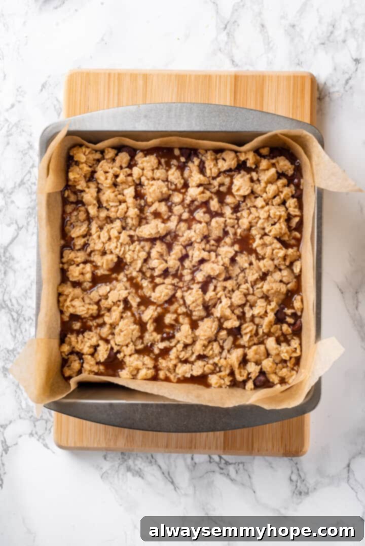 Unbaked Vegan Carmelitas Ready for the Oven Overhead view of assembled unbaked vegan carmelitas in the pan with oat crumble topping