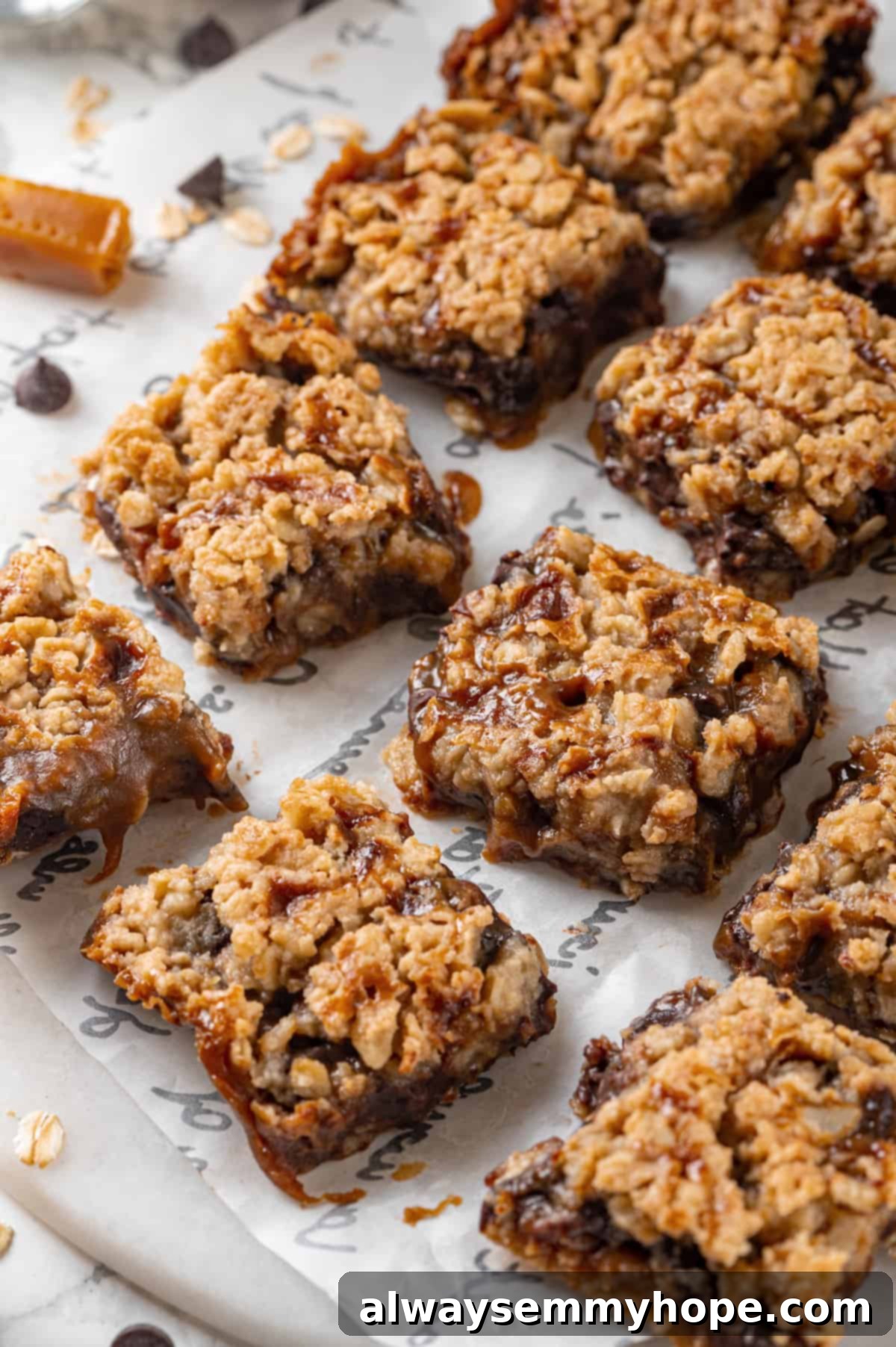 Perfectly Sliced Vegan Carmelitas Close-up of perfectly cut vegan carmelita squares on parchment paper, showing layers