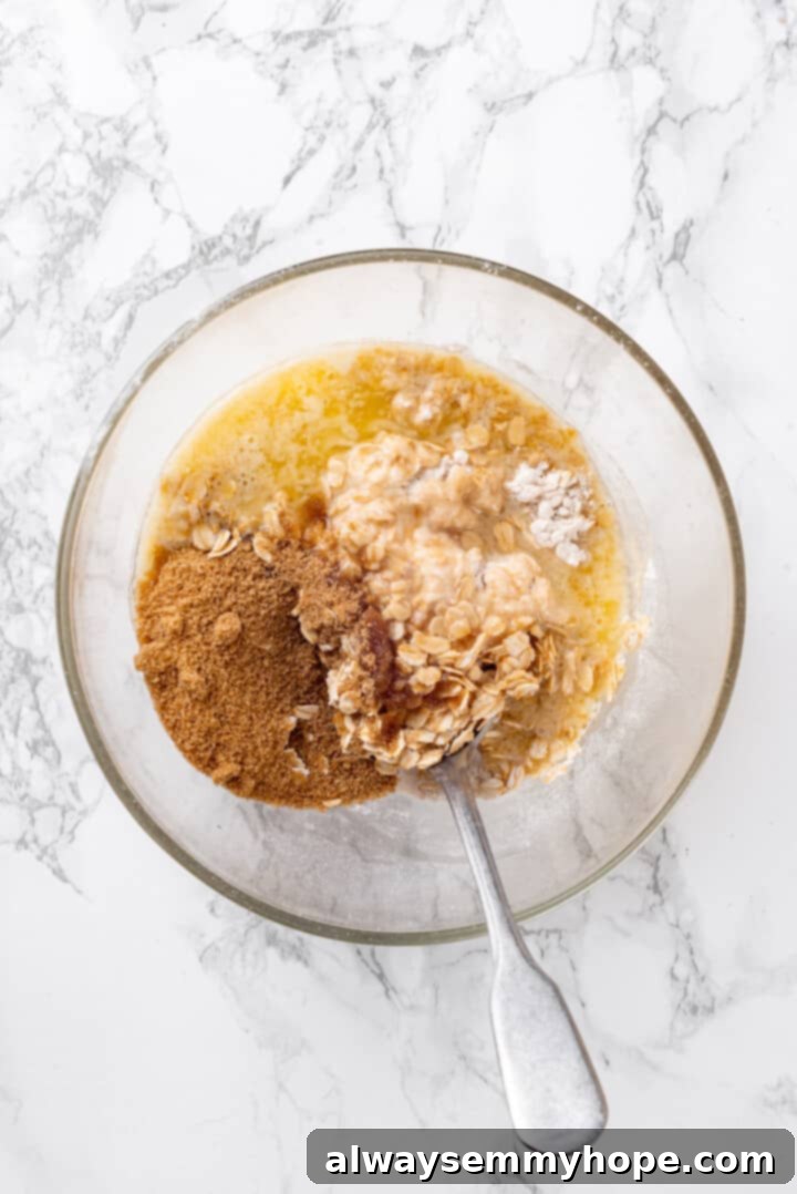 Combining Dry Oat Mixture Ingredients Overhead view of dry ingredients for the oat mixture in a glass bowl before stirring