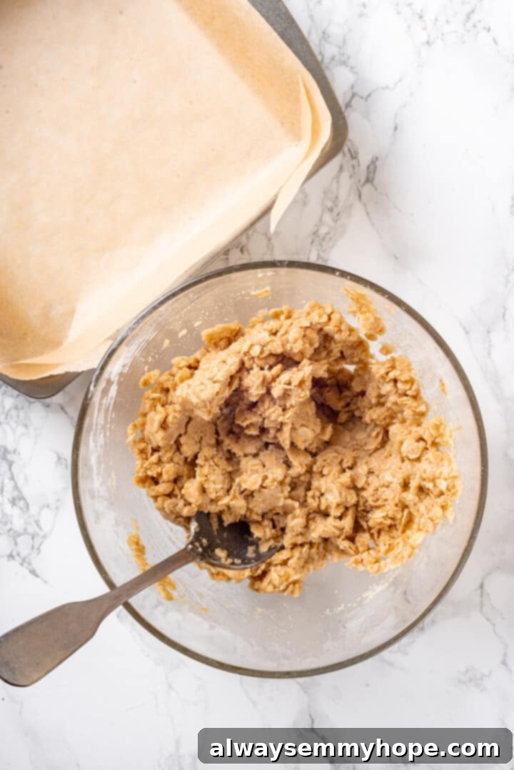 Mixed Oat Crust Dough for Carmelitas Overhead view of the mixed oat crust dough in a glass bowl with a spoon