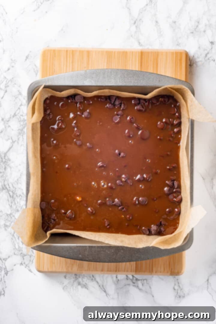 Caramel Layer on Carmelitas Overhead view of gooey caramel sauce poured over the chocolate chips layer