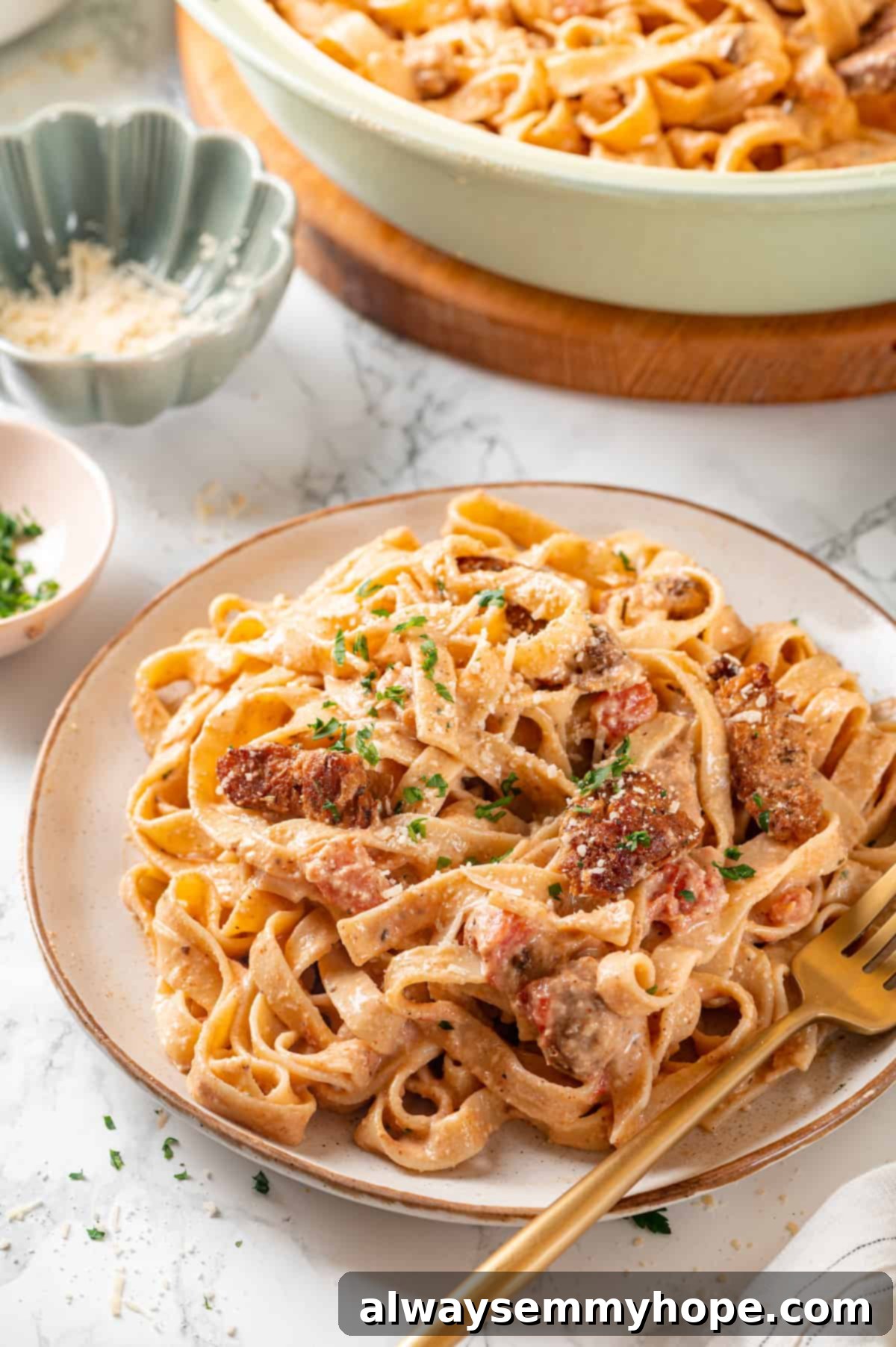 Plate of creamy Cajun pasta with a serving dish of pasta in the background, ready for a crowd