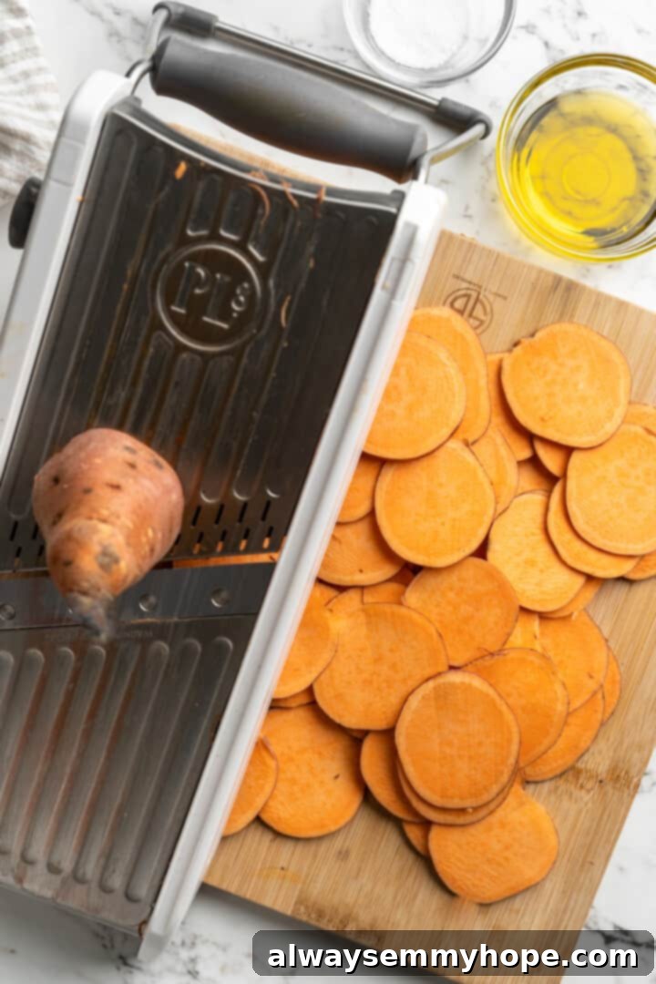 Once you start eating these crispy homemade sweet potato chips, you won’t be able to stop! Super easy to make with only 3 ingredients. Overhead view of a sweet potato being sliced thinly on a mandoline slicer