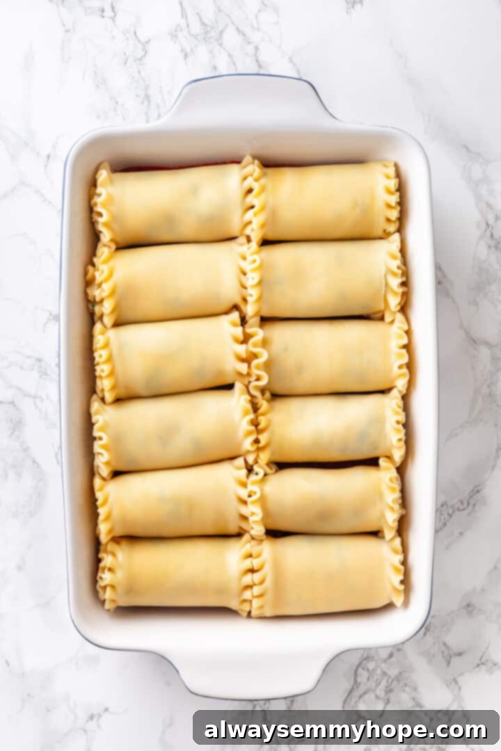 Overhead view of neatly arranged vegan lasagna rolls in a baking dish, before the final topping of sauce and cheese.