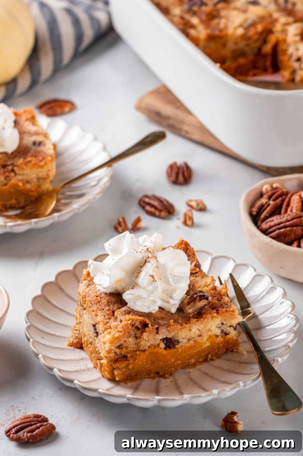 Full of cozy spices, super moist, and studded with toasted pecans, this easy vegan pumpkin dump cake can be whipped up in no time at all! Slice of vegan pumpkin dump cake topped with whipped cream and cinnamon on a plate.