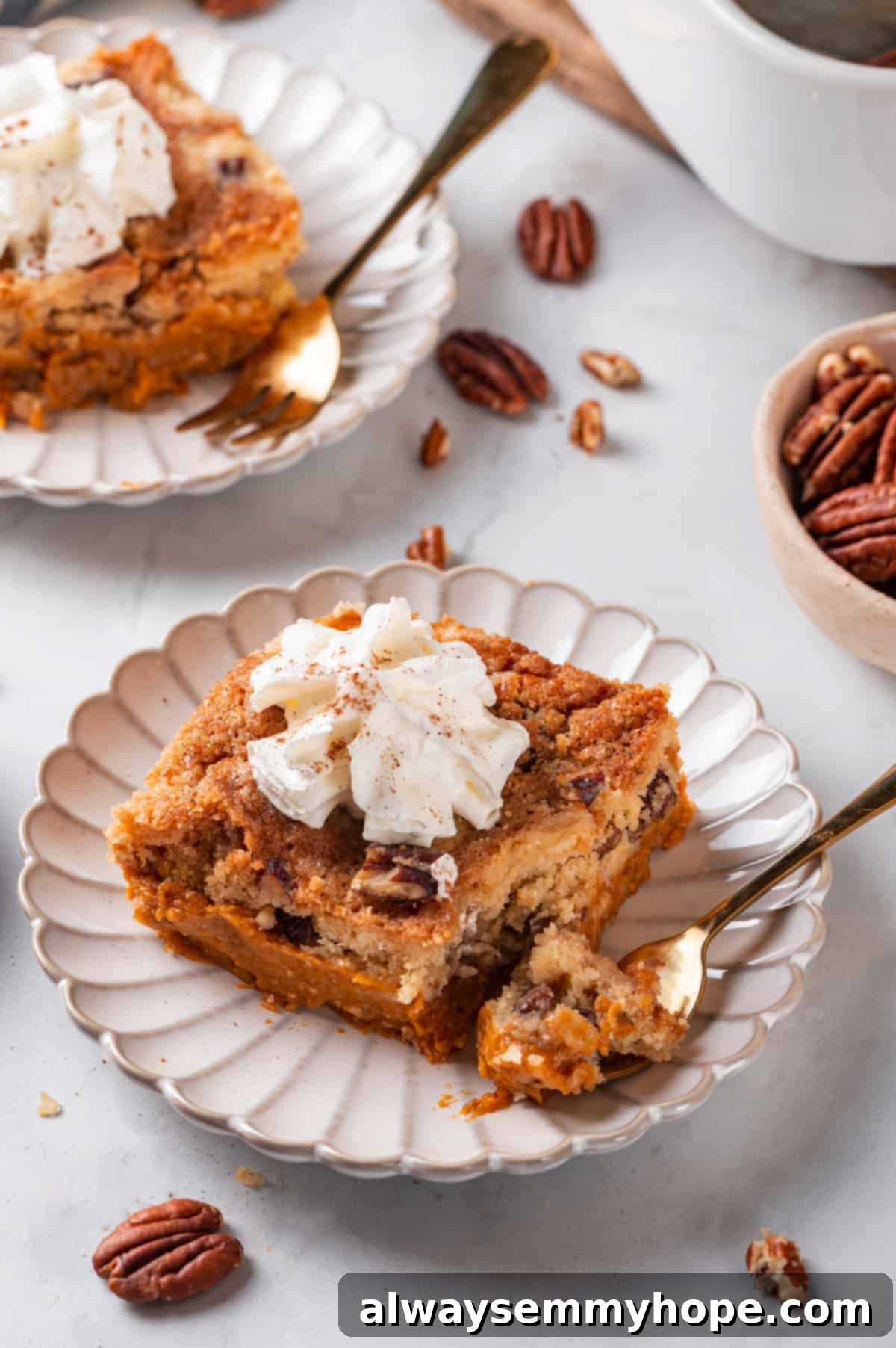 Full of cozy spices, super moist, and studded with toasted pecans, this easy vegan pumpkin dump cake can be whipped up in no time at all! Two plates with slices of vegan pumpkin dump cake, ready to be enjoyed.