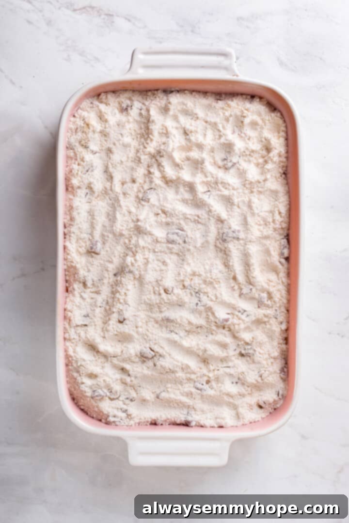 Full of cozy spices, super moist, and studded with toasted pecans, this easy vegan pumpkin dump cake can be whipped up in no time at all! Overhead view of the dry cake mix layer sprinkled over the pumpkin base in the casserole dish.