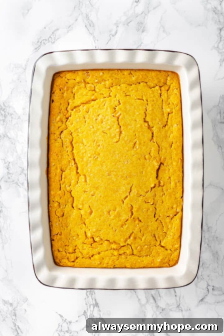 Close-up overhead view of the golden-brown vegan cornbread pudding baking in a white casserole dish, showing the slightly bubbly edges.