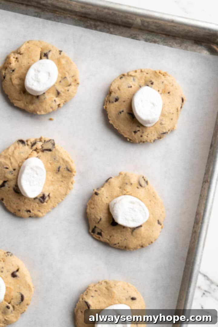 Thick, chewy, and loaded with chocolate, graham crackers, and marshmallows, this one-bowl s'mores cookie recipe is a guaranteed hit! Overhead view of vegan marshmallow halves carefully placed on top of flattened s'mores cookie dough balls, ready for baking.