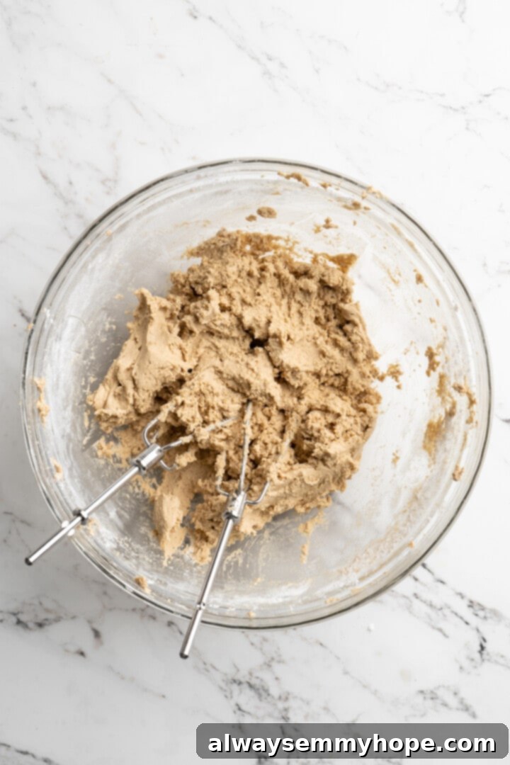 Thick, chewy, and loaded with chocolate, graham crackers, and marshmallows, this one-bowl s'mores cookie recipe is a guaranteed hit! Overhead view of cookie dough and beaters in mixing bowl, showing the consistency after dry ingredients are incorporated.