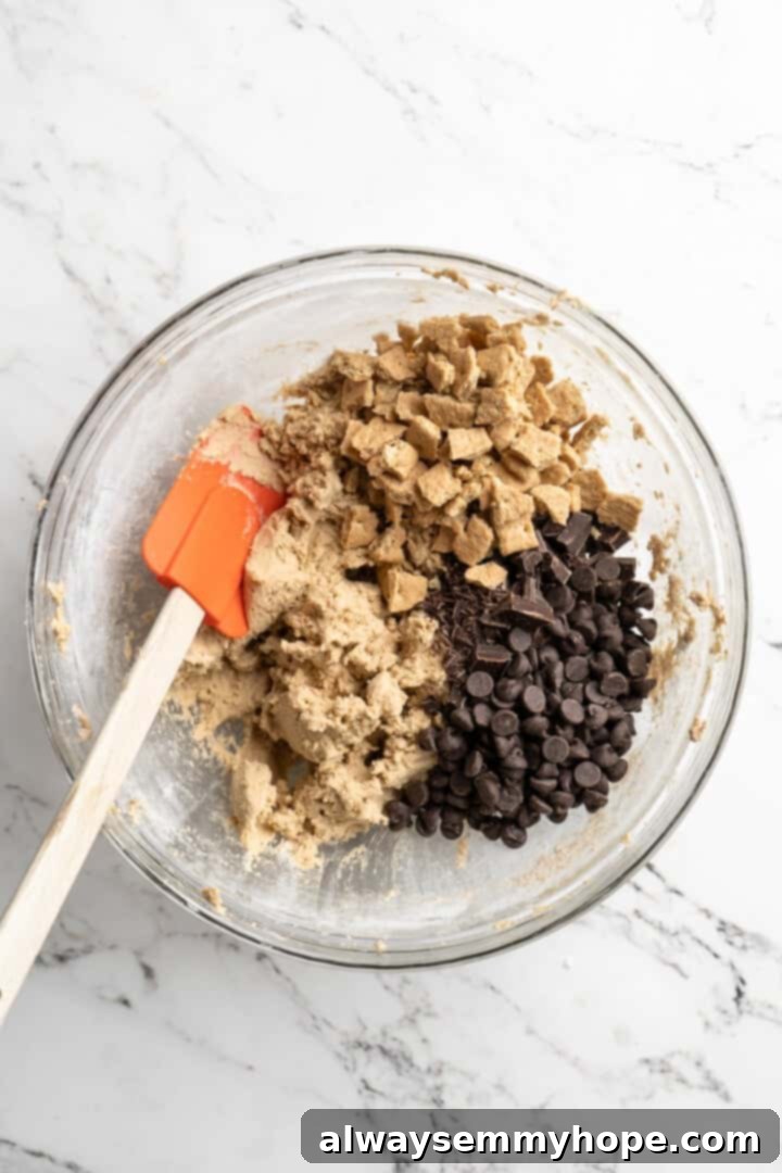 Thick, chewy, and loaded with chocolate, graham crackers, and marshmallows, this one-bowl s'mores cookie recipe is a guaranteed hit! Overhead view of add-ins for s'mores cookies (chopped chocolate, chocolate chips, graham crackers) being folded into the cookie dough.