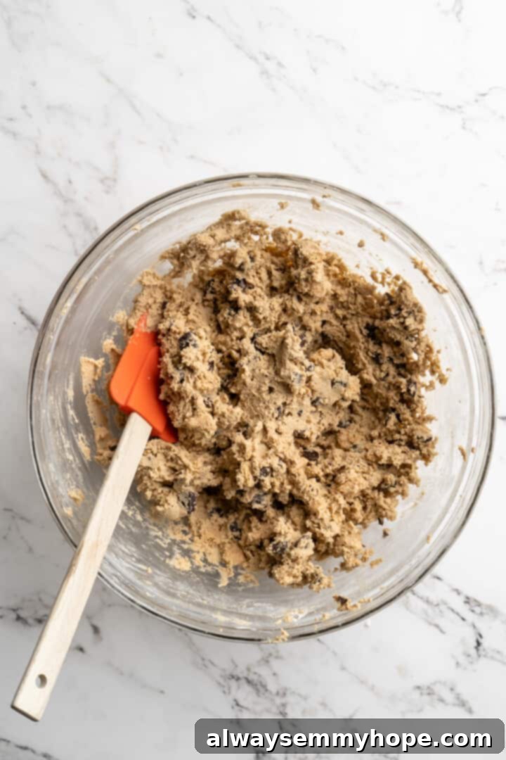 Thick, chewy, and loaded with chocolate, graham crackers, and marshmallows, this one-bowl s'mores cookie recipe is a guaranteed hit! Overhead view of finished s'mores cookie dough in a glass mixing bowl, ready for chilling.