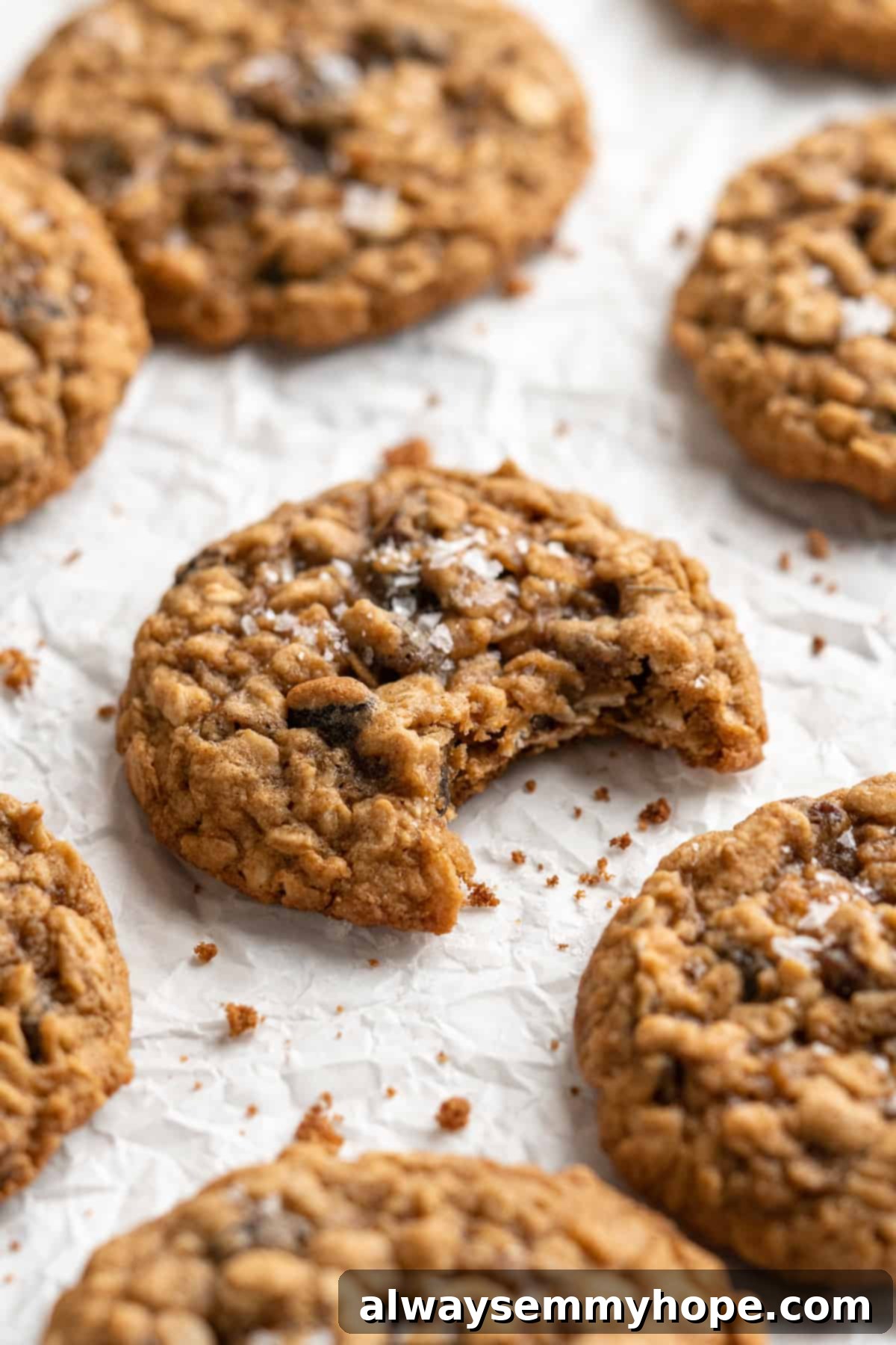 Vegan oatmeal cookies on parchment paper with center cookie bitten into, showcasing chewy texture