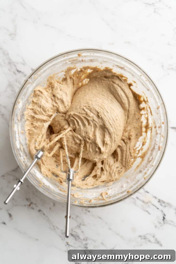 Overhead view of oatmeal cookie dough in bowl before adding oats and raisins, smooth and light