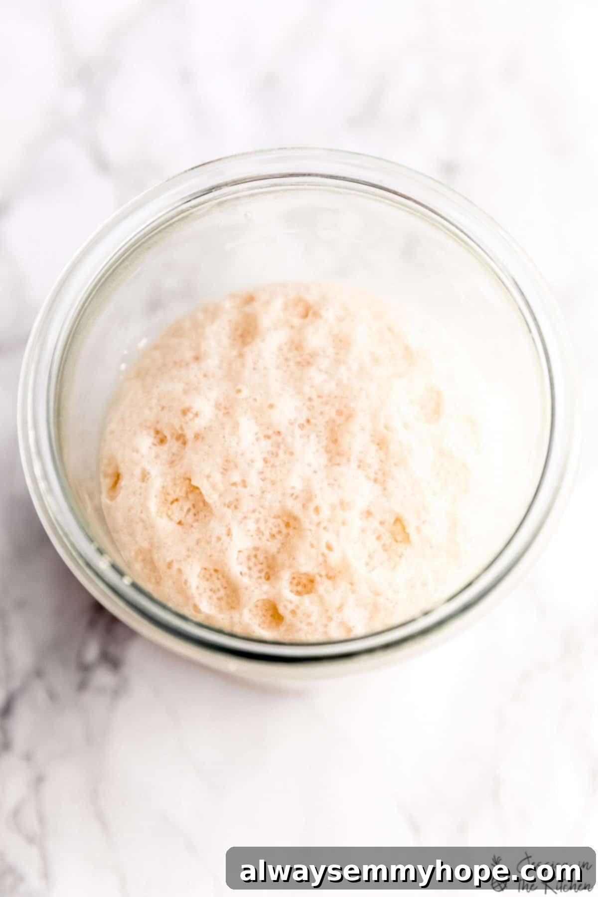 A bowl of yeast foaming in water