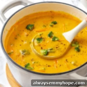 Creamy Vegan Broccoli Cheddar Soup 2 Ladling serving of vegan broccoli cheddar soup from pot