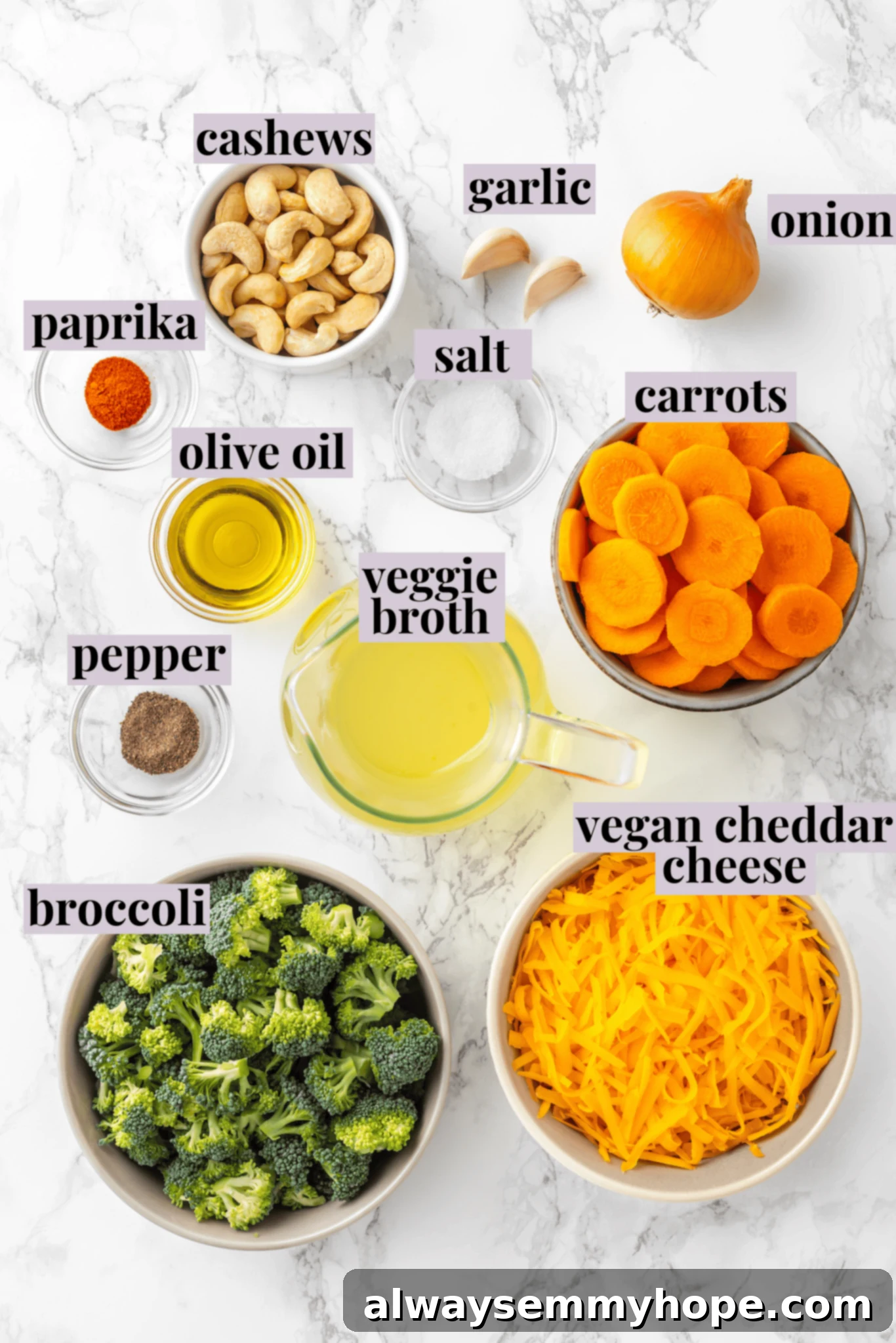 Fresh ingredients laid out for making a rich cheese broth and tender broccoli florets in a delicious vegan broccoli cheddar soup recipe! Overhead view of fresh ingredients for vegan broccoli cheddar soup, including broccoli, carrots, onions, cashews, and vegan cheese.