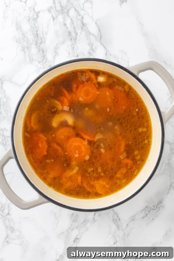 Simmering vegetables, broth, cashews, and spices for the flavorful base of vegan broccoli cheddar soup! Overhead view of carrots, vegetable broth, cashews, and spices simmering with onions in a pot for vegan broccoli cheddar soup.