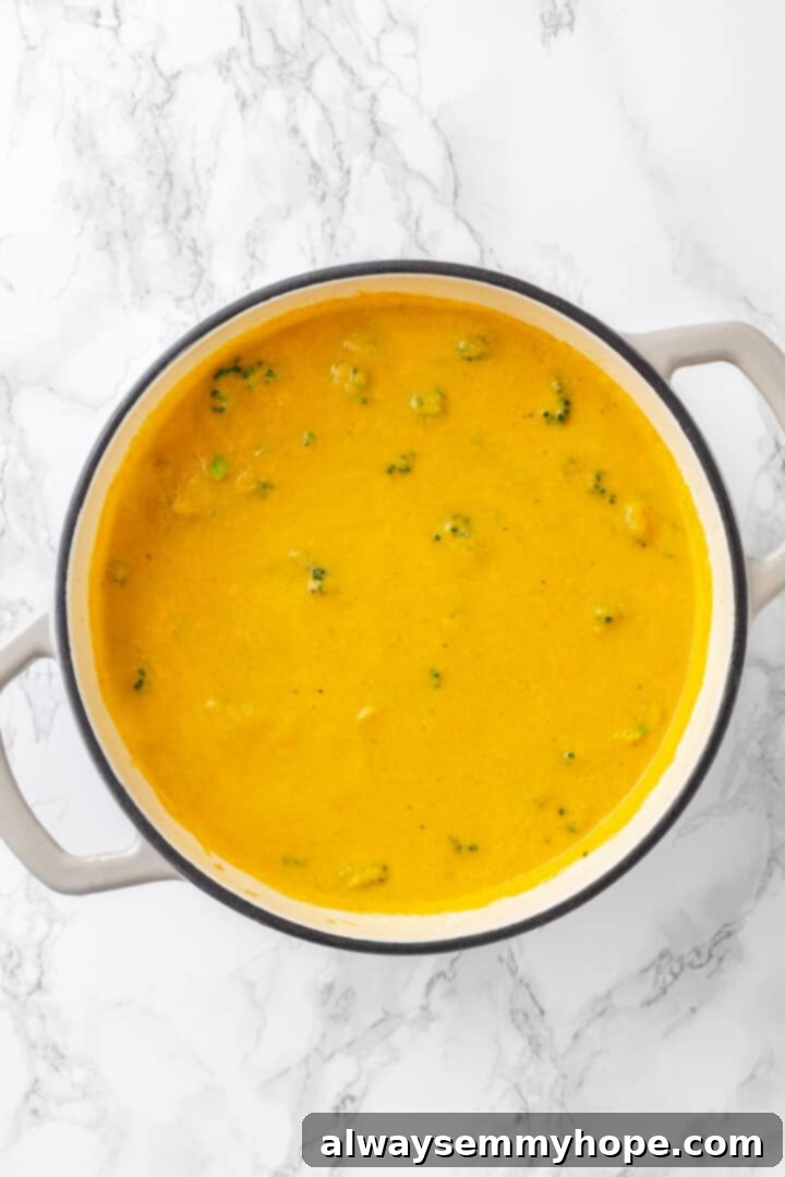 Vegan broccoli cheddar soup simmering with fresh broccoli and melting cheese in the pot! Overhead view of vegan broccoli cheddar soup in a pot, with broccoli florets and vegan cheese recently added.