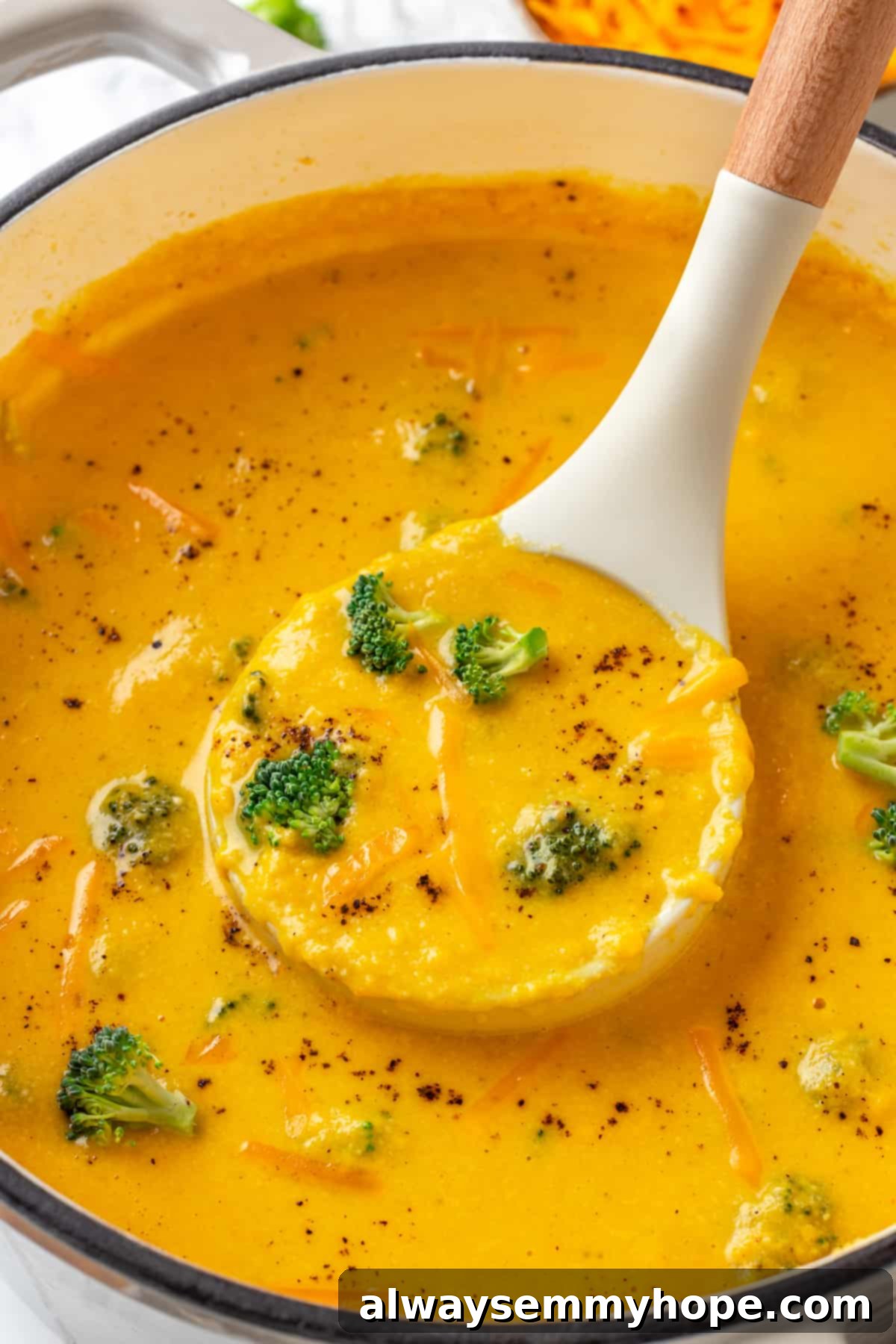 A ladle full of rich cheese broth and tender broccoli florets from a delicious vegan broccoli cheddar soup! Ladle scooping a generous portion of rich, creamy vegan broccoli cheddar soup from a large pot.