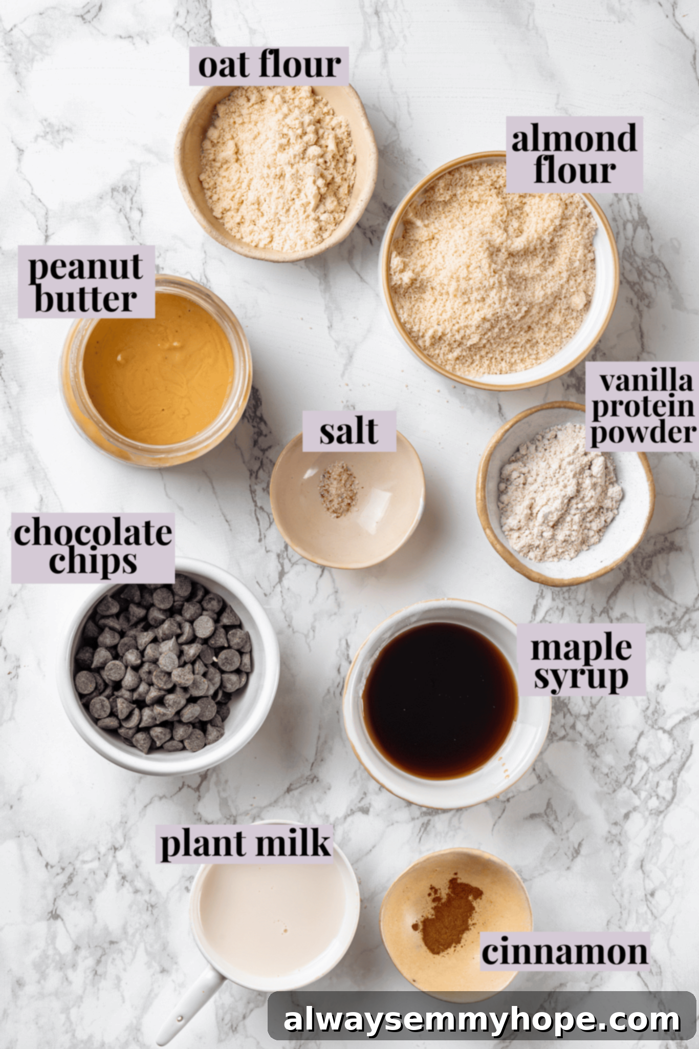 Overhead view of ingredients for protein cookie dough