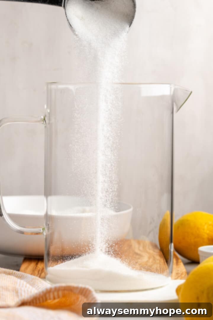 Pouring granulated sugar into a large pitcher, preparing the base for homemade Southern sweet tea.