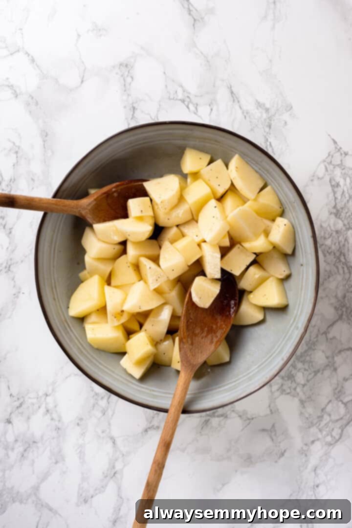 Overhead view of potatoes tossed with olive oil, salt, pepper, and garlic powder in a bowl, ready for roasting.