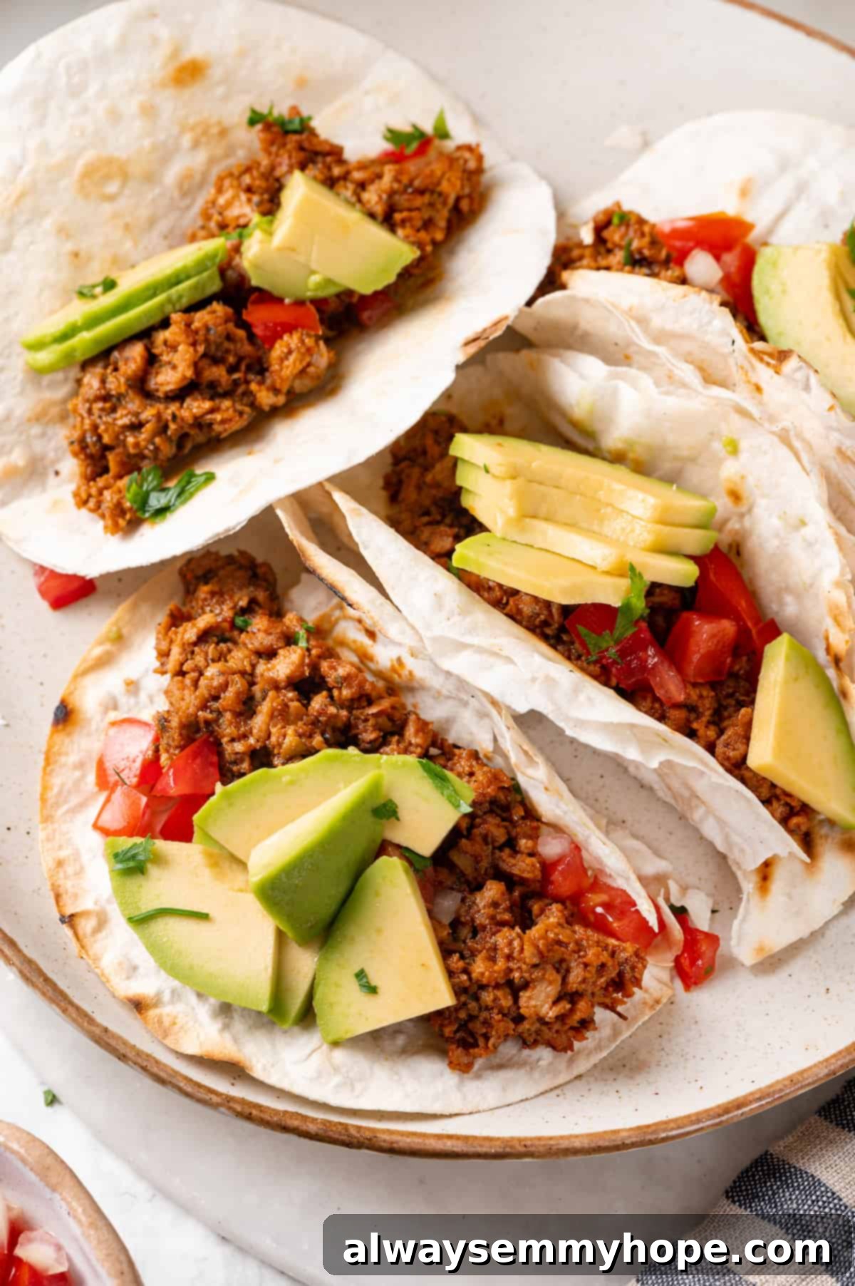 Overhead view of a beautifully arranged plate of soyrizo tacos, showcasing the vibrant colors and fresh ingredients.