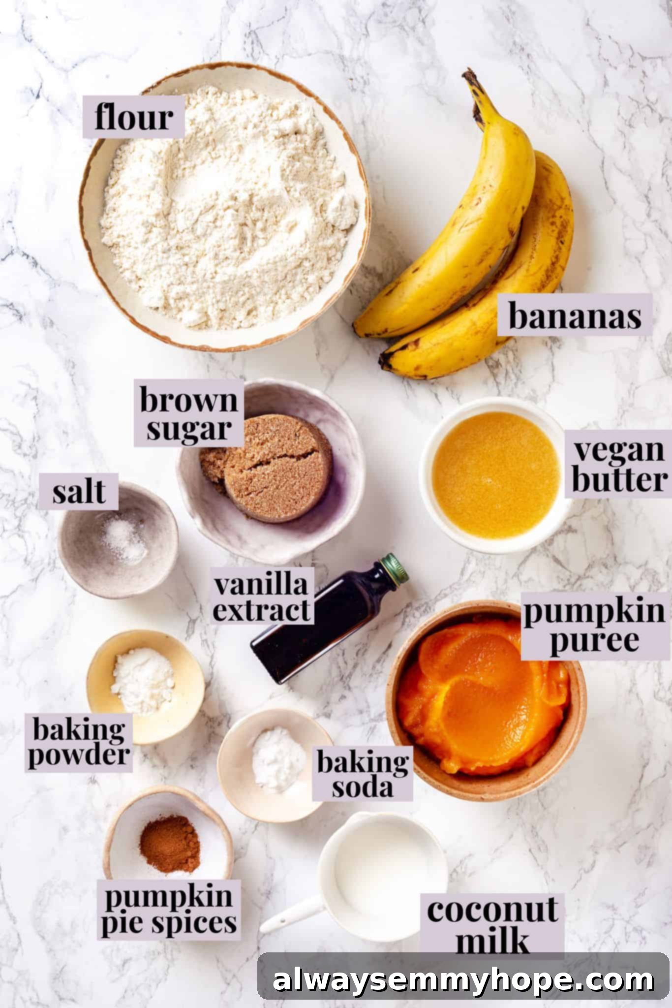 Pumpkin Banana Muffin Ingredients Prep Overhead view of various ingredients for pumpkin banana muffins neatly arranged with labels.