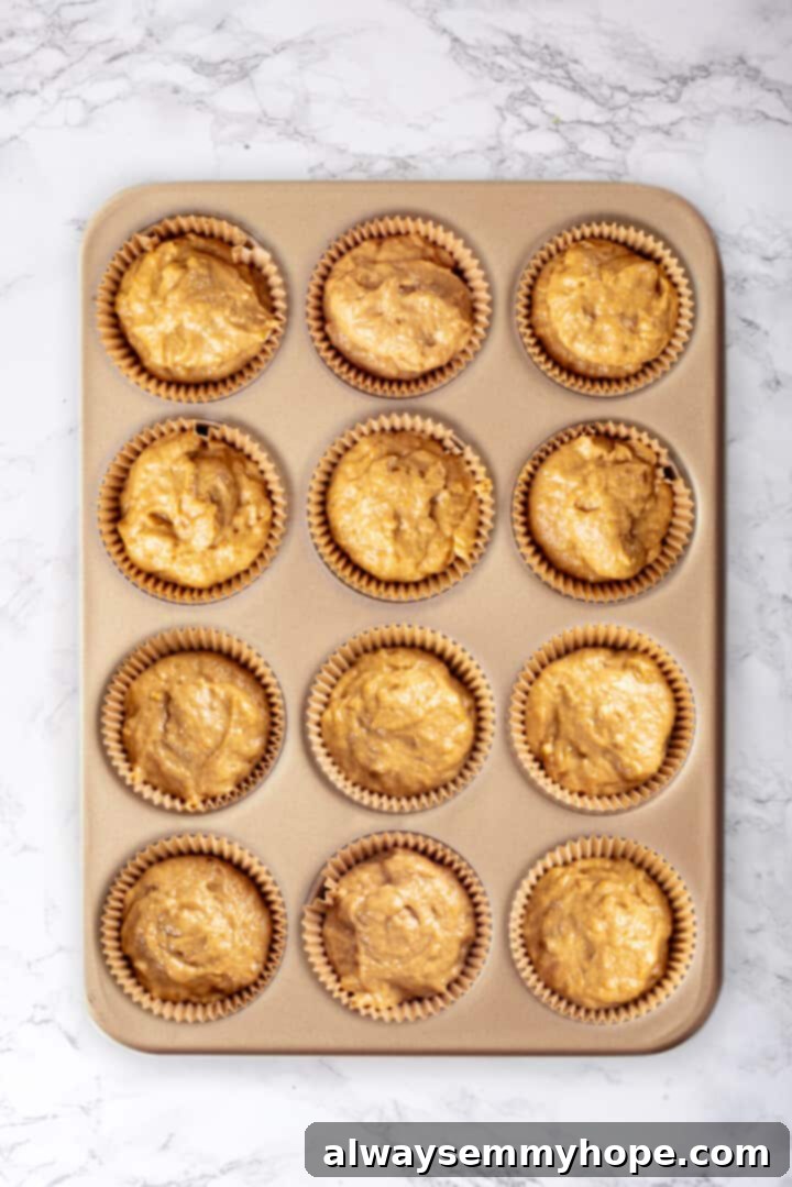 Muffin Batter in Pan Overhead view of pumpkin banana muffin batter neatly scooped into a muffin pan with liners.