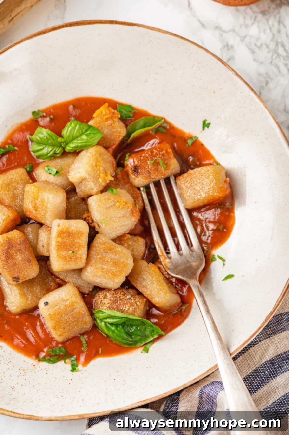Overhead view of cauliflower gnocchi on plate with marinara and basil