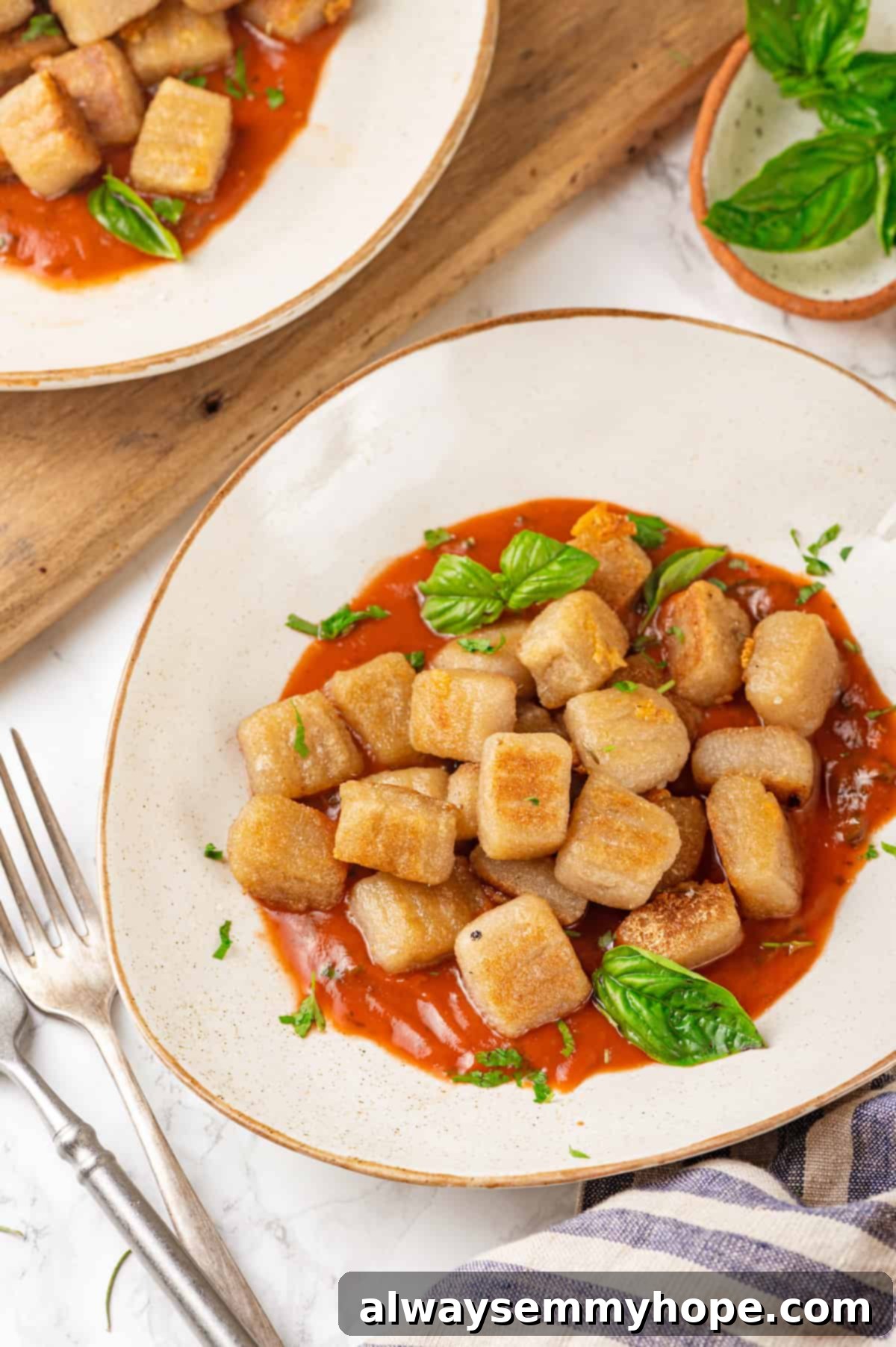 Overhead view of fried cauliflower gnocchi and marinara on plate