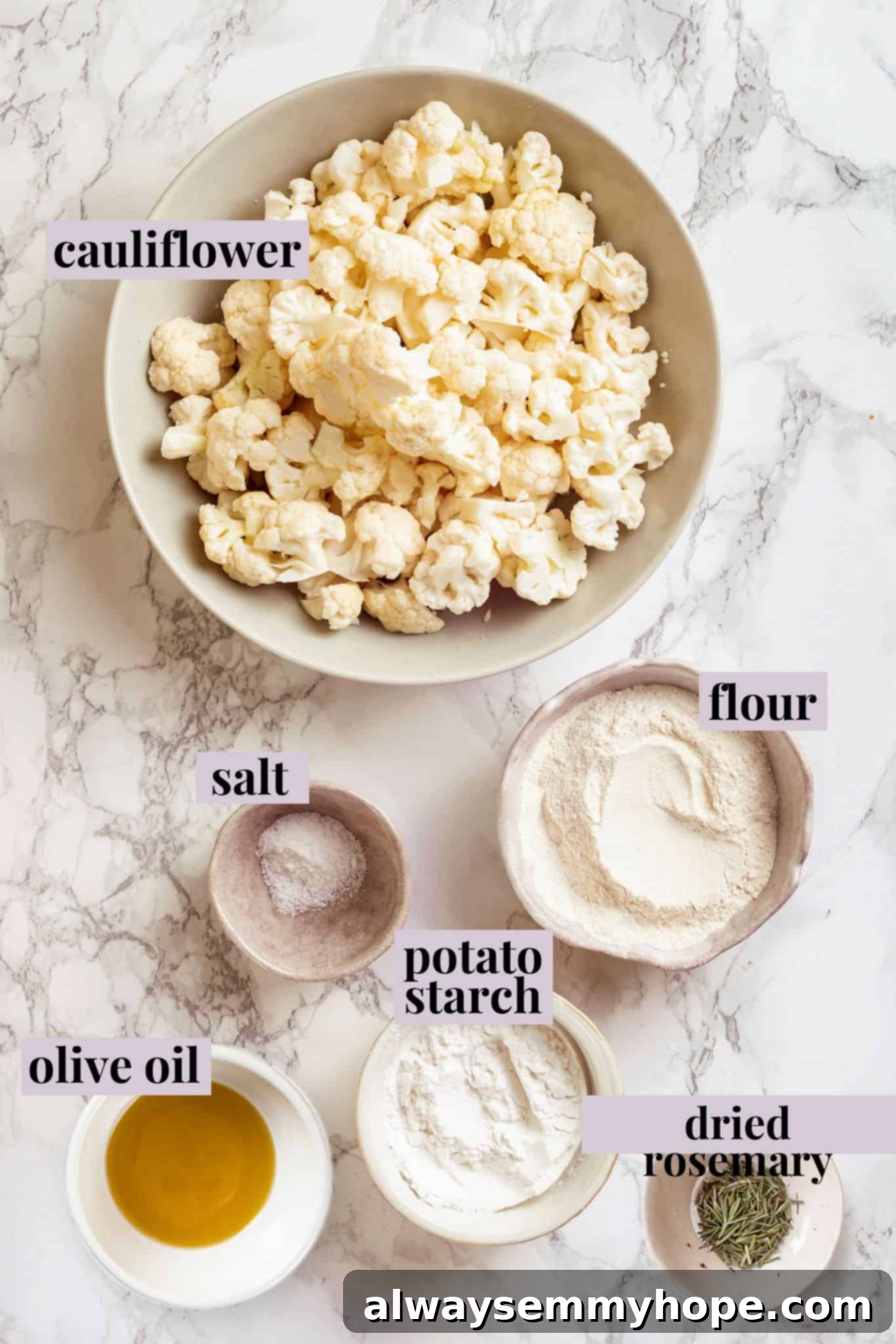 Overhead view of ingredients for cauliflower gnocchi with labels