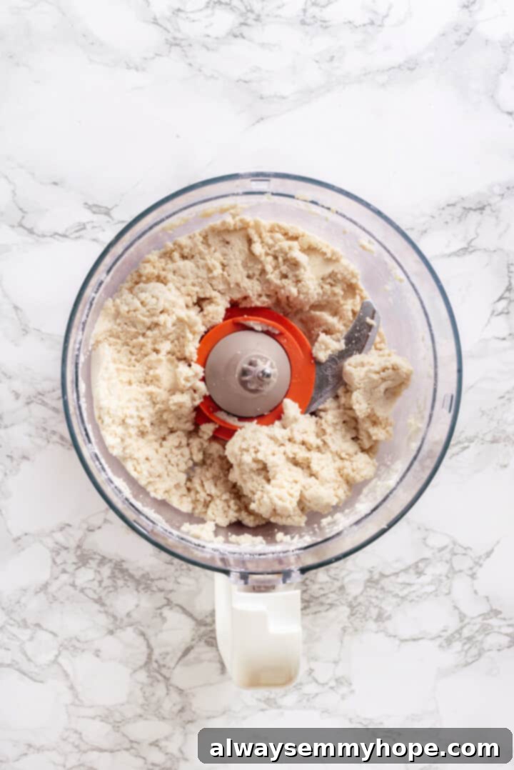 Overhead view of gnocchi dough in food processor