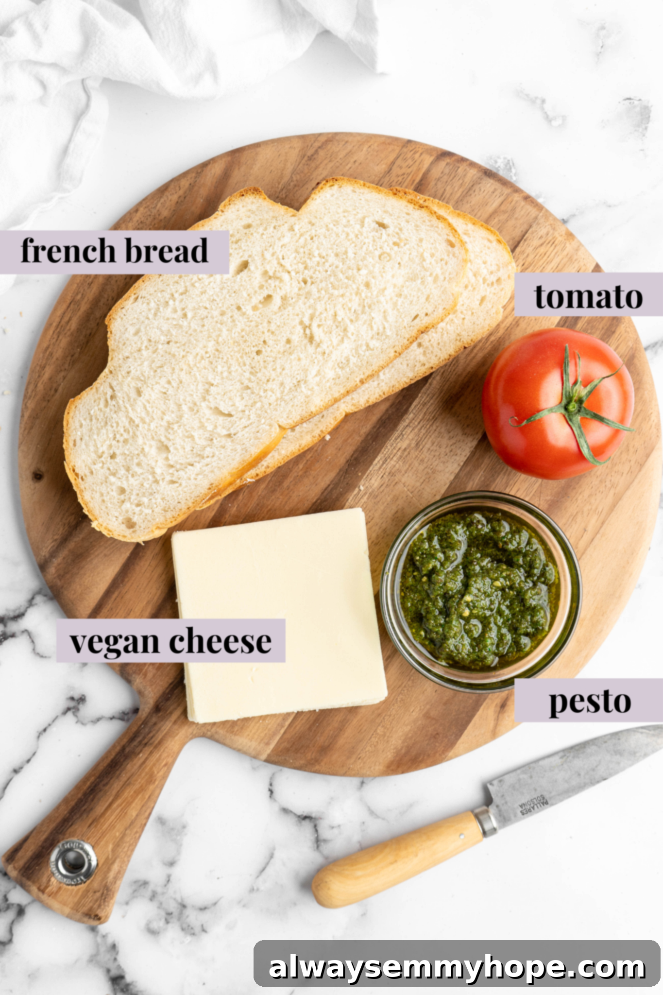 Overhead view of vegan caprese sandwich ingredients with labels