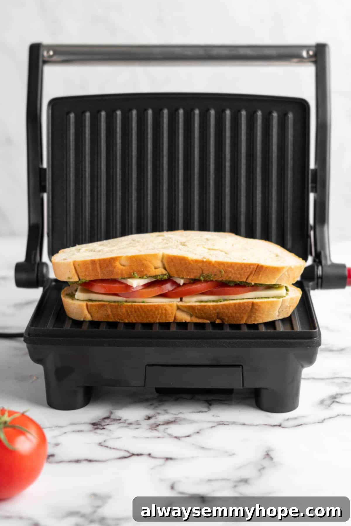 Vegan caprese sandwich on panini press