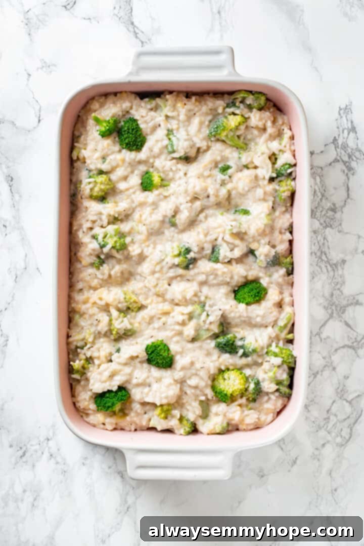 Overhead view of broccoli cheese rice casserole before adding panko