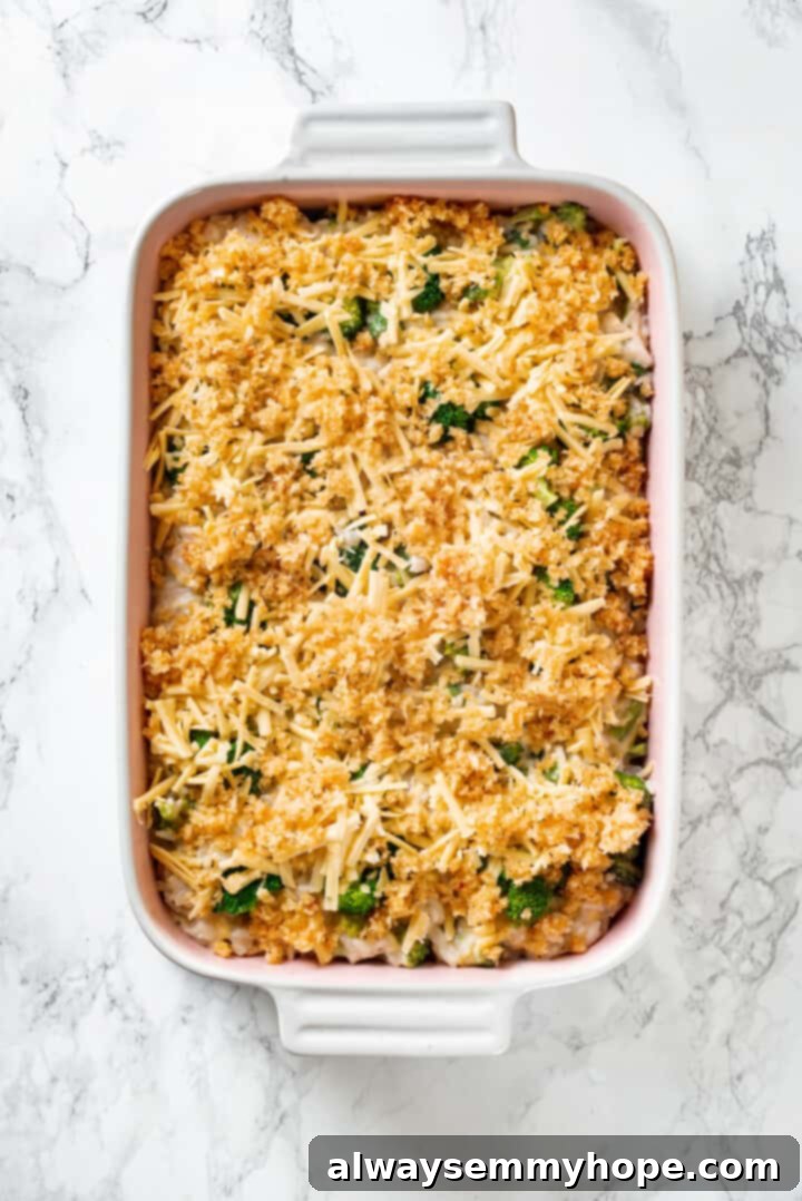 Overhead view of broccoli cheese rice casserole before baking