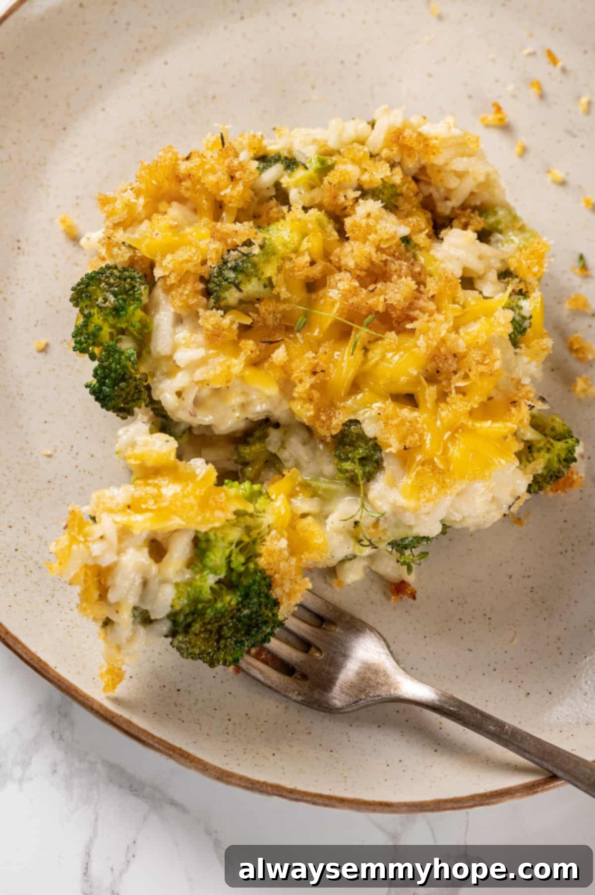Plate with serving of broccoli cheese rice casserole and fork