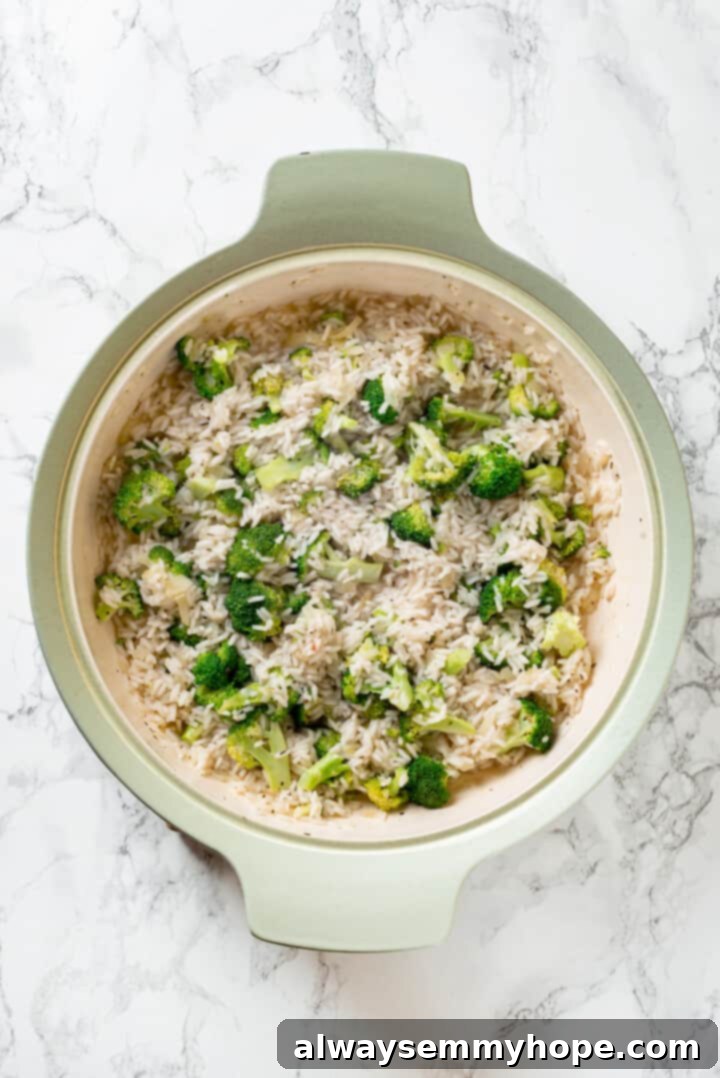Overhead view of rice and broccoli in pot