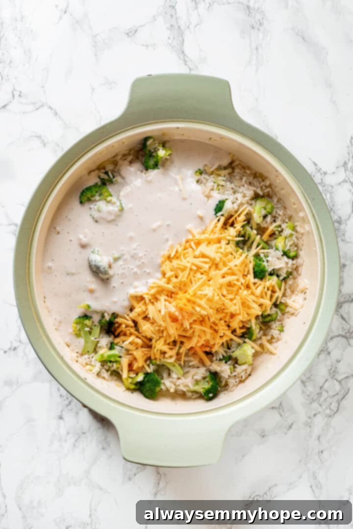 Overhead view of vegan cheese and cashew cream added to pot