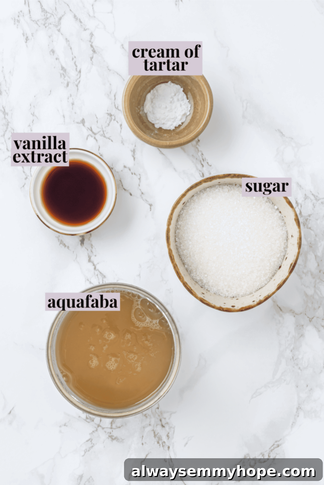 Overhead view of ingredients for aquafaba meringues with labels