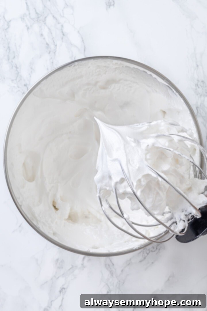 Whipped aquafaba in mixer bowl with whisk attachment